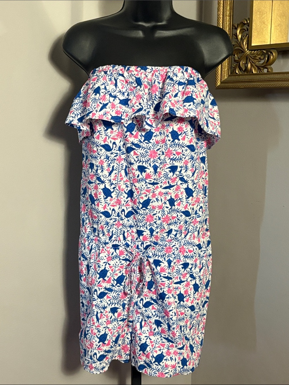NEW Vineyard Vines Large Bahama Otomi Strapless Ruffle Romper Yacht Blue NWT